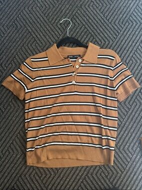 Mango Striped Polo Top in Brown, Black & White